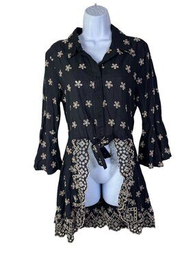 Venus Size 10 Black Floral Eyelet Embroidered Button-Up Tunic Bell Sleeves Tie W
